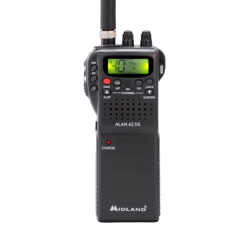 Black portable CB radio Midland Alan 42 DS with a backlit channel display, antenna, function keys and digital squelch