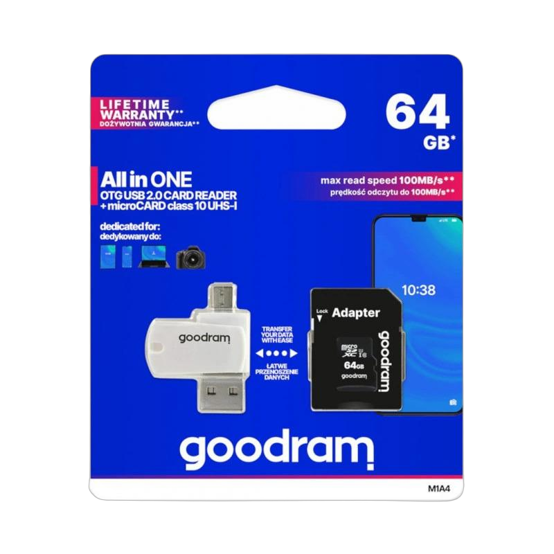 Niebieskie opakowanie Goodram All in One 64 GB z kartą microSD class 10 UHS-I, adapterem SD i czytnikiem OTG USB 2.0