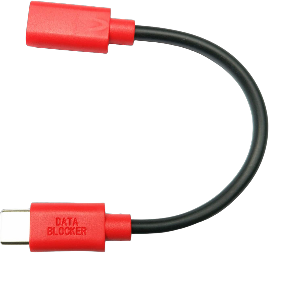 Czerwono-czarny krótki kabel PortaPow Data Blocker USB-C z wtykiem i gniazdem USB-C, blokuje transfer danych