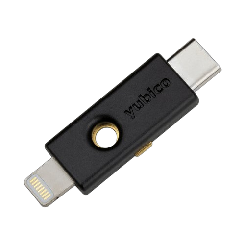 Czarny klucz bezpieczeństwa YubiKey 5Ci z dwoma wtykami USB-C i Lightning, napis yubico, złoty przycisk dotykowy