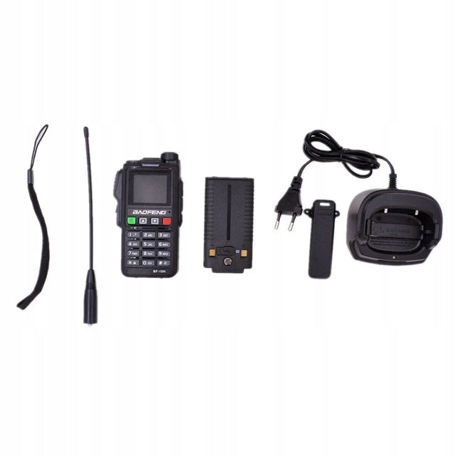 Baofeng BF-18H full set - lanyard, antenna, radio, battery, power supply, belt clip and desktop charger on a white background