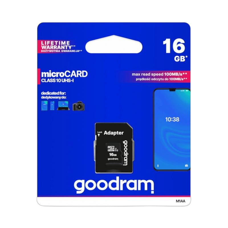 Niebieskie opakowanie Goodram microCARD 16 GB class 10 UHS-I 100 MB/s z kartą microSD i adapterem SD