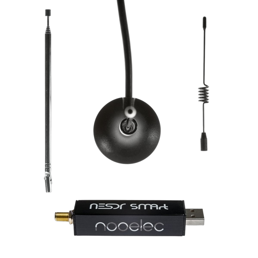 Nooelec NESDR SMArt v4 RTL-SDR set - black USB receiver with an SMA connector and a set of antennas: telescopic, magnetic base with cable, and a spring antenna