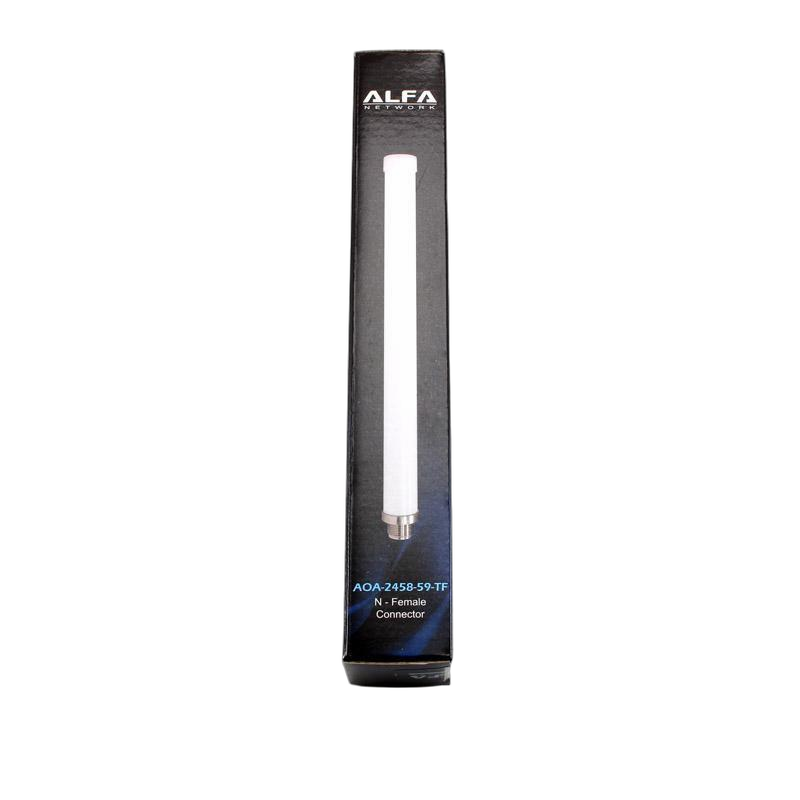 White Alfa AOA-2458-59-TF 2.4/5 GHz 5/9 dBi omnidirectional Wi-Fi antenna with N-Female connector in a black ALFA NETWORK box