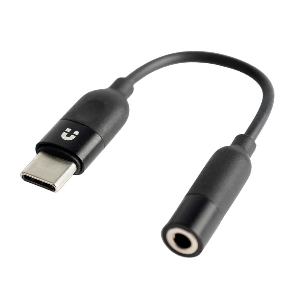 Black Unitek audio adapter with USB-C plug and 3.5 mm jack socket on a short cable, UNITEK logo