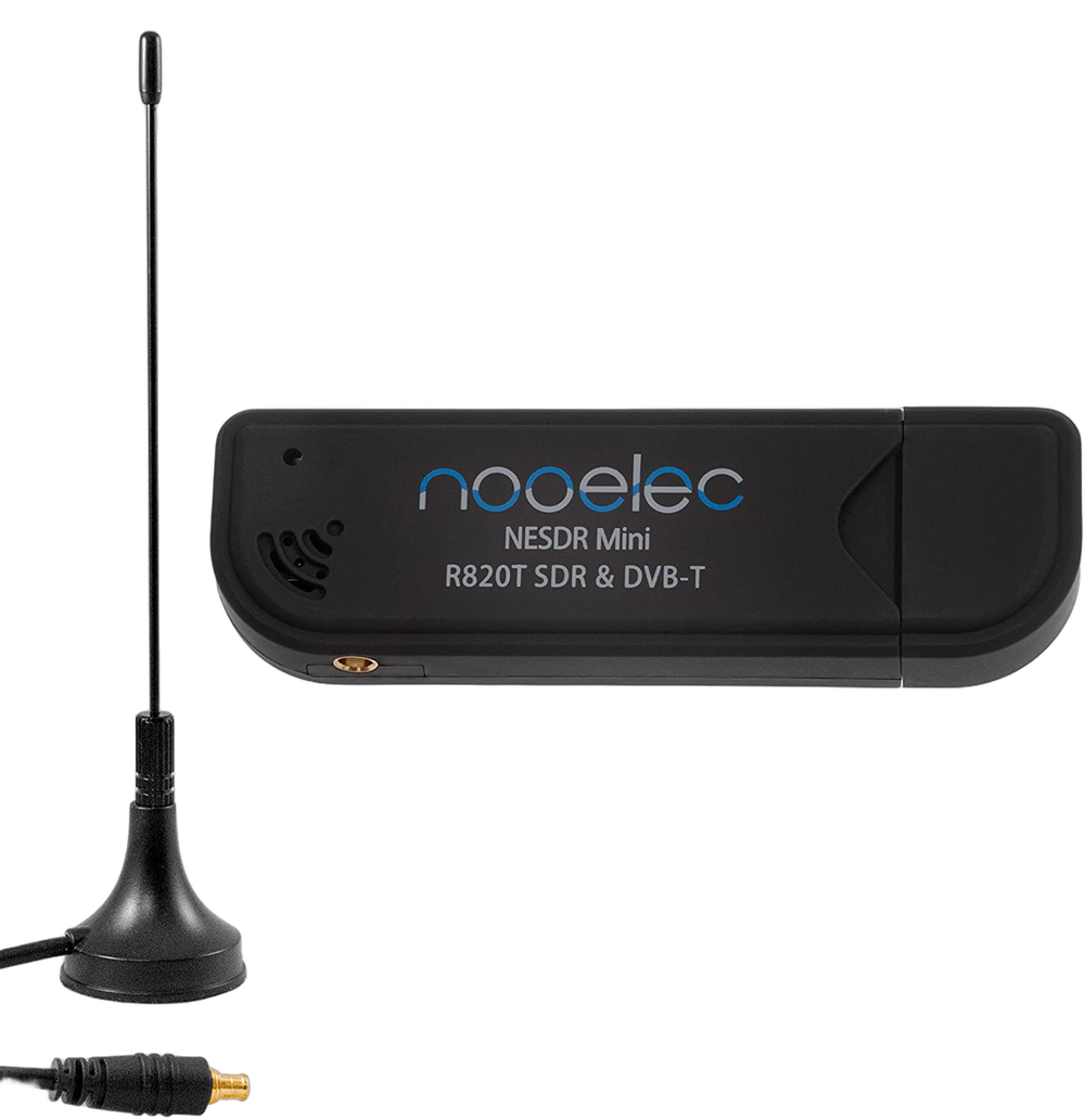 Black Nooelec NESDR Mini SDR receiver with RTL2832U and R820T chips in a USB housing and a small magnetic antenna