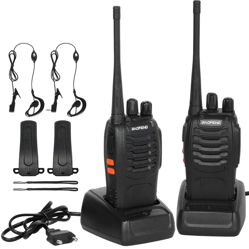 A set of two Baofeng BF-88E PMR radios with accessories - two black radios with antennas seated in desktop chargers, two earpieces with microphone and ear hook, two belt clips, two wrist lanyards and a mains adapter with cable, on a white background