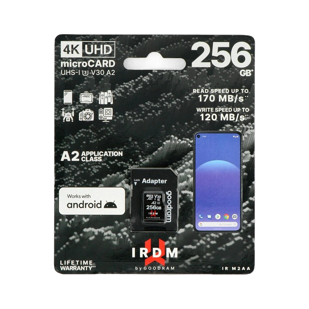 Goodram IRDM IR-M2AA 256 GB microSD-Speicherkarte in einer Blisterverpackung - eine schwarz-graue Karte mit den Angaben 4K UHD, UHS-I U3 V30 A2, Lesegeschwindigkeit bis 170 MB/s und Schreiben bis 120 MB/s; die microSD-Karte mit SD-Adapter und einer Smartphone-Grafik sichtbar, auf weißem Hintergrund