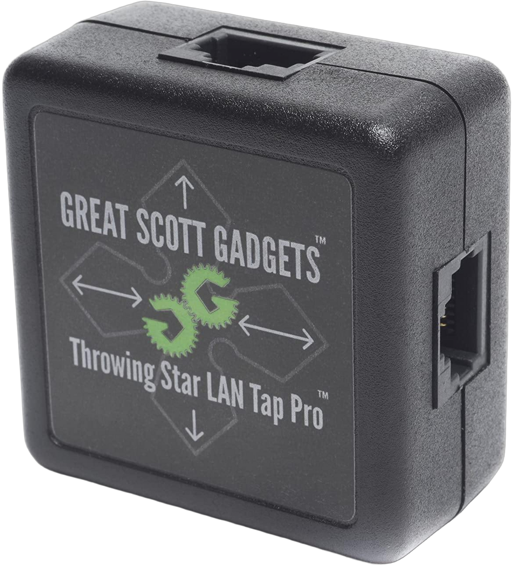 Great Scott Gadgets Throwing Star LAN Tap Pro на чёрном фоне - чёрное устройство для пассивного перехвата сети LAN с разъёмами RJ45 и зелёным логотипом Great Scott Gadgets