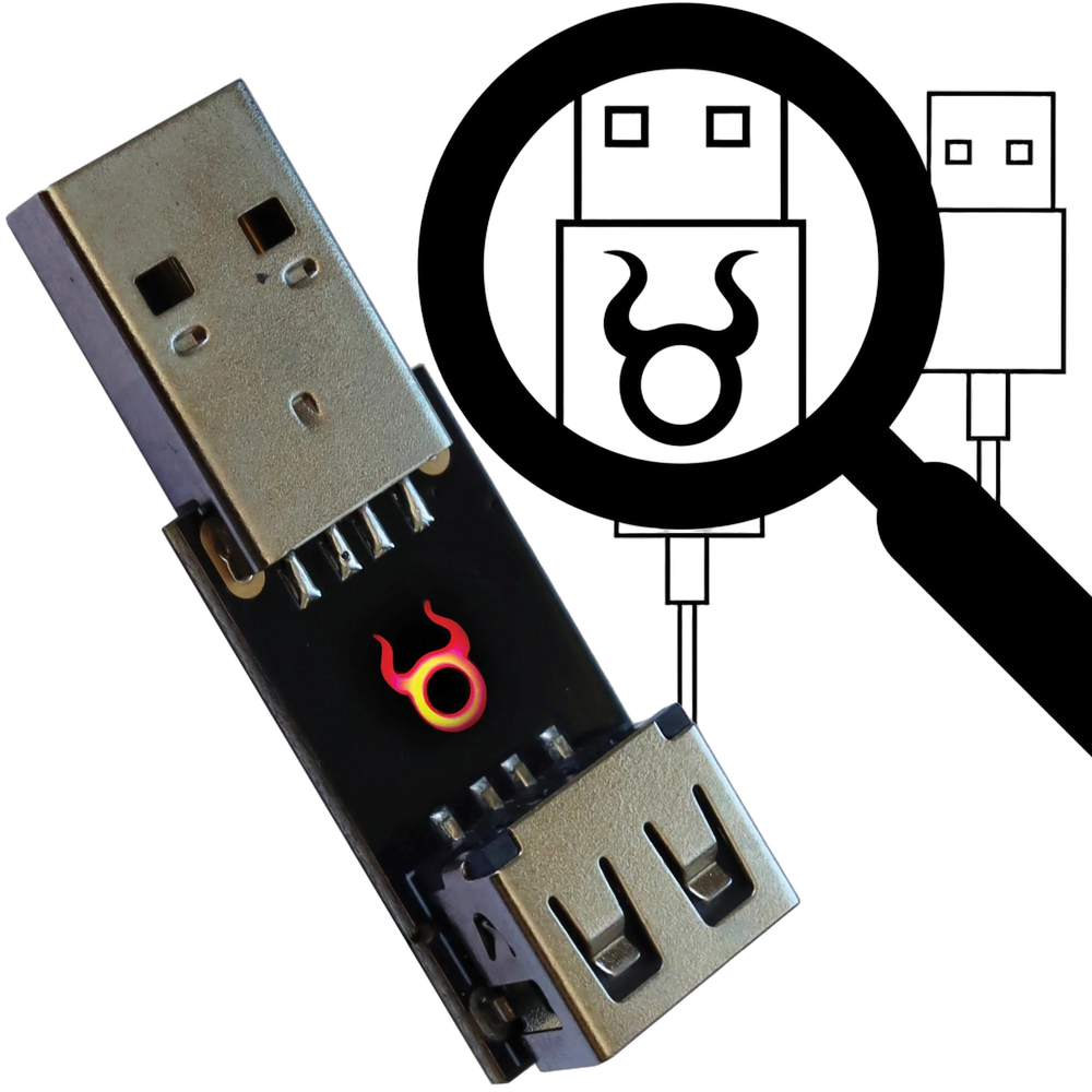 Hak5 O.MG Malicious Cable Detector - a black device with a USB-A plug on one end and a USB-A port on the other, with the glowing O.MG flame logo; a graphic of a magnifying glass inspecting a USB plug in the background, on a white background