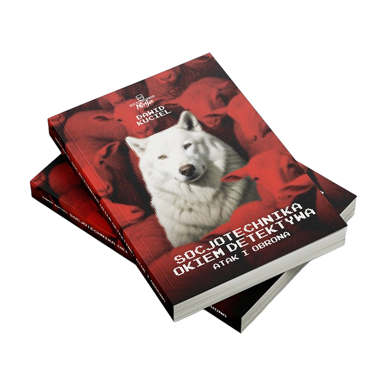Zwei aufeinandergestapelte Exemplare des Buchs Socjotechnika okiem detektywa - atak i obrona von Dawid Kuciel, auf dem Cover ein weißer Wolf unter roten Schafen