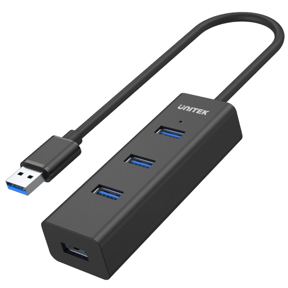 Schwarzer Unitek USB-Hub mit vier USB-3.0-Anschlüssen und integriertem USB-A-Kabel, UNITEK-Logo