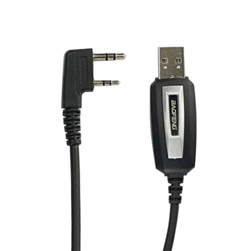 Czarny kabel programujący Baofeng z dwupinowym wtykiem typu K i złączem USB-A do programowania radiotelefonów
