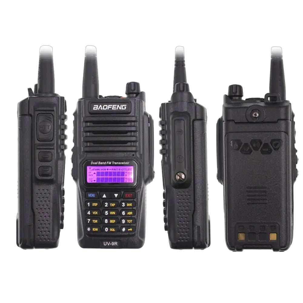 Baofeng UV-9R two-way radio in four views, black waterproof dual-band unit with an antenna, backlit LCD display, keypad and a PTT button