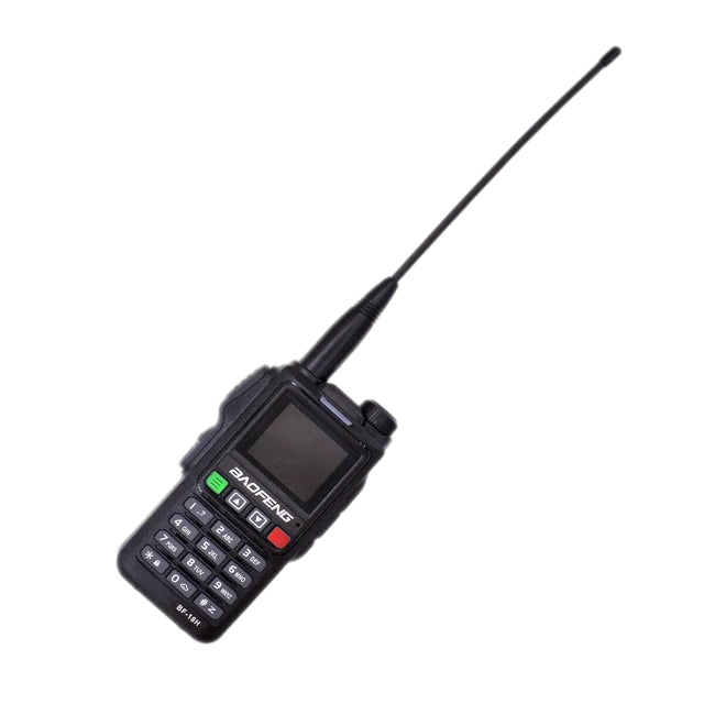 Baofeng BF-18H radio at an angle with a long antenna and a small colour screen