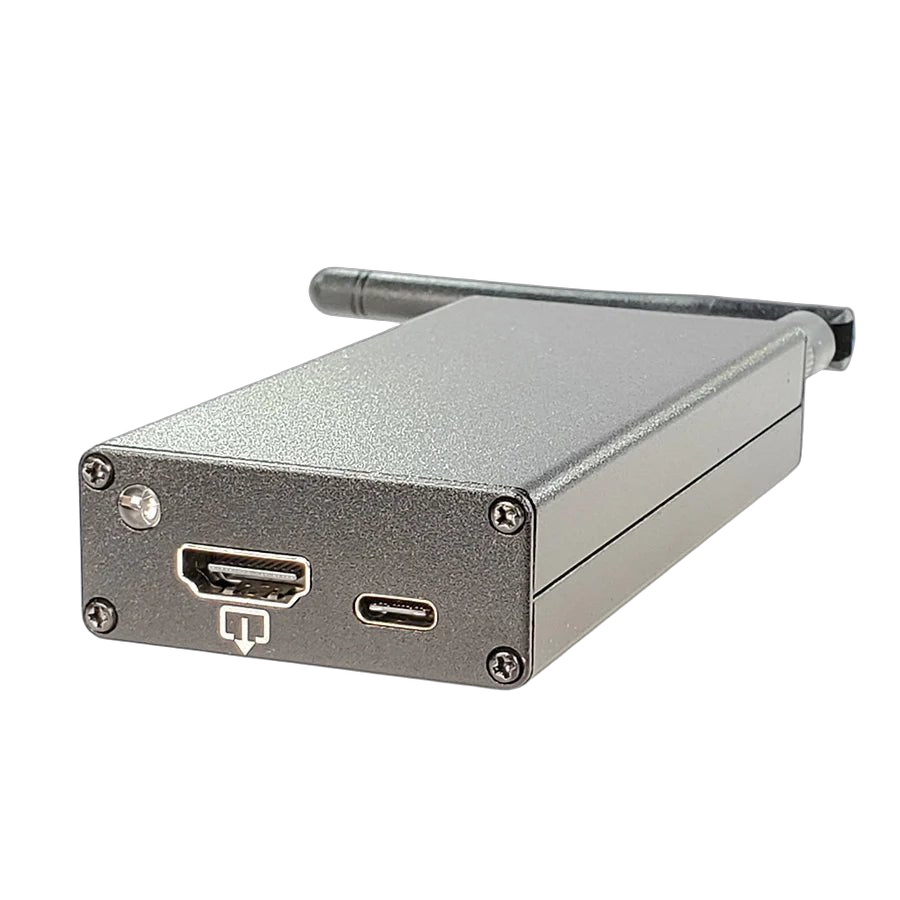 Hak5 Screen Crab - a silver aluminum module with a short antenna, HDMI port with a down-arrow icon and USB-C on the end
