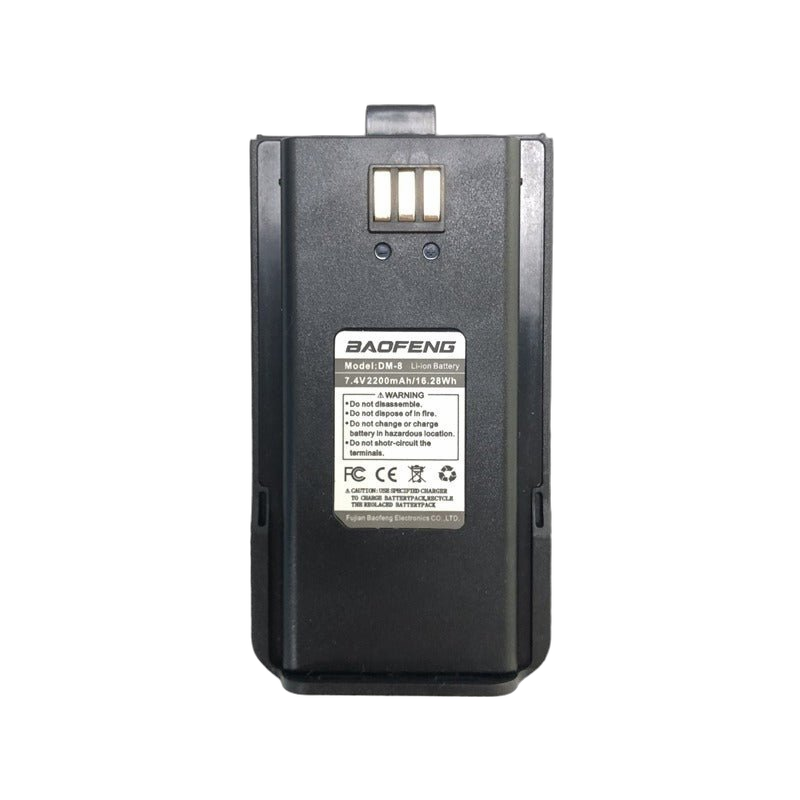 Akumulator Baofeng DM-8 2200 mAh do radiotelefonu Baofeng BF-H6 - czarny akumulator litowo-jonowy z etykietą BAOFENG z oznaczeniem Model DM-8, 7,4 V 2200 mAh/16,28 Wh, ostrzeżeniami i złotymi stykami u góry, na białym tle