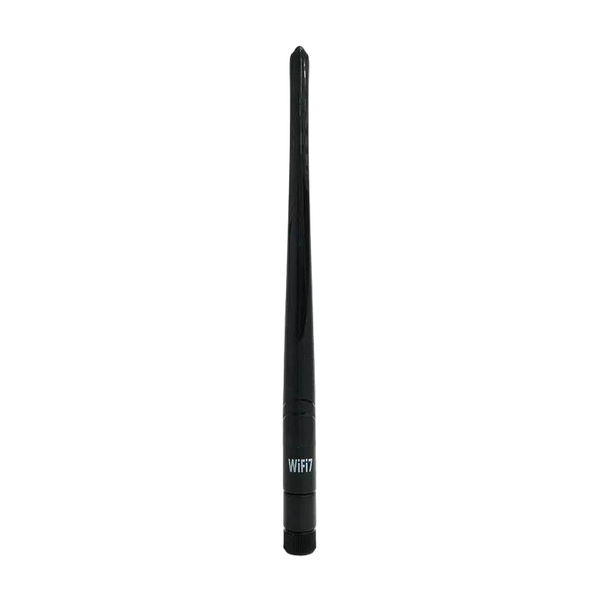 Schwarze Alfa WiFi 6E Tri-Band ARS-NT5B7 Dipolantenne mit WiFi7-Aufdruck an der Basis