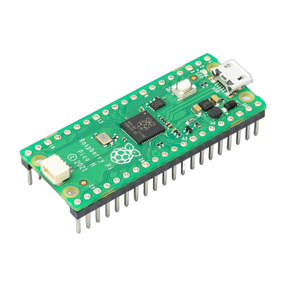 Raspberry Pi Pico H - zielona płytka mikrokontrolera z układem RP2040, gniazdem micro USB i przylutowanymi rzędami pinów goldpin po bokach, na białym tle