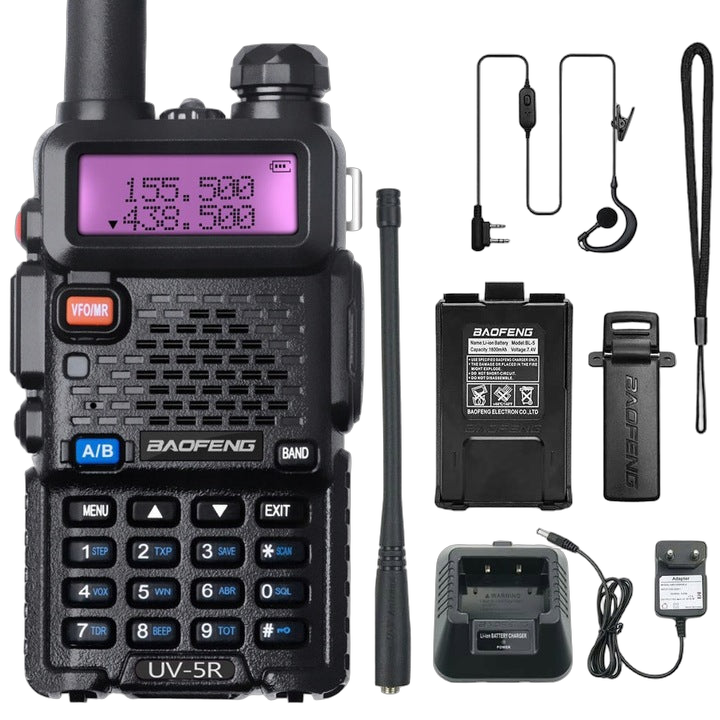 Baofeng UV-5R radio with accessories - earpiece, antenna, battery, belt clip, lanyard and charger