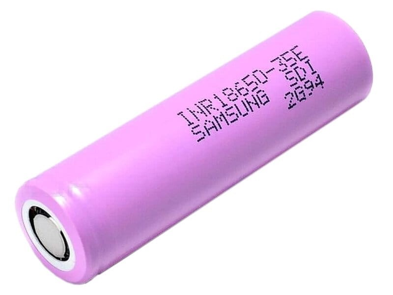 Samsung INR18650-35E cell - pink 18650 cell at an angle with model markings