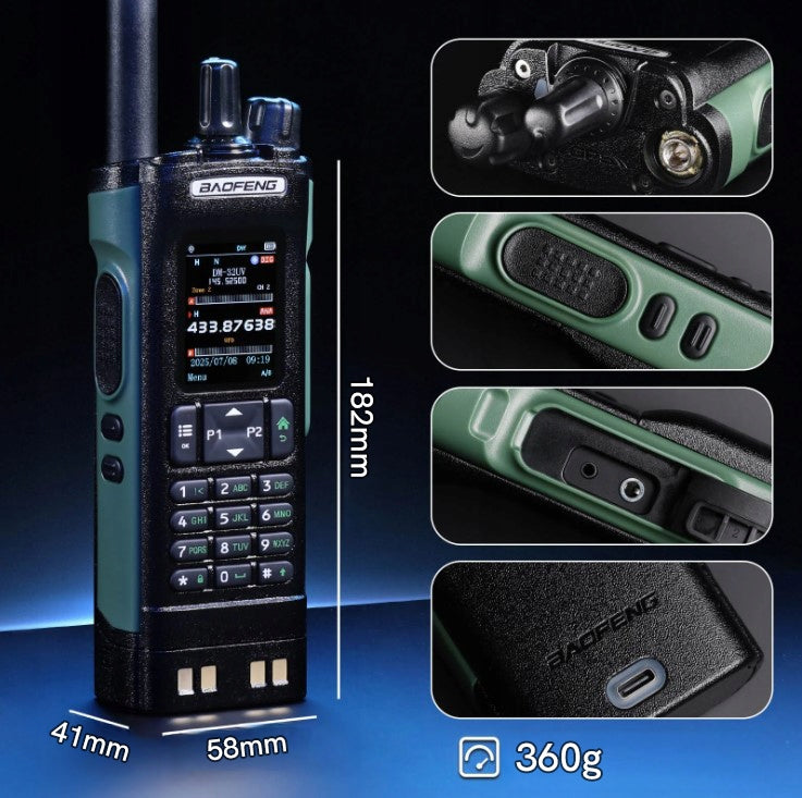 Baofeng DM-32 radio in a green and black case with a colour screen and four close-ups, with listed dimensions