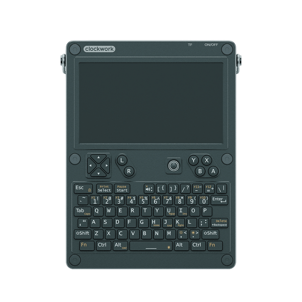 uConsole Kit RPI-CM5 8GB - przód, ciemna obudowa z klawiaturą QWERTY i ekranem 5 cali