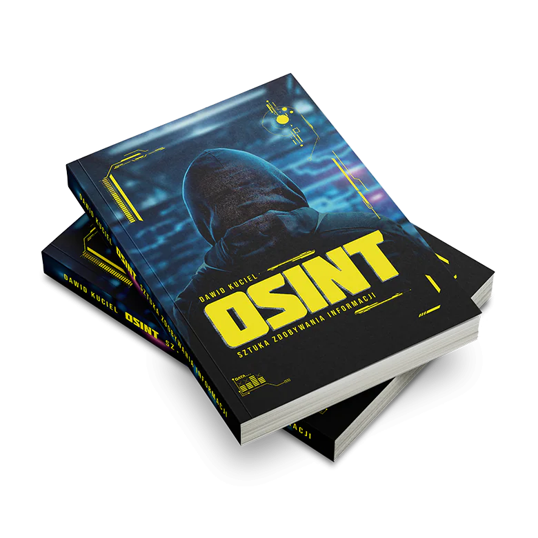 Две сложенные друг на друга книги OSINT - Sztuka zdobywania informacji автора Dawid Kuciel - на обложке фигура в капюшоне на синем цифровом фоне с кодом и крупная жёлтая надпись OSINT