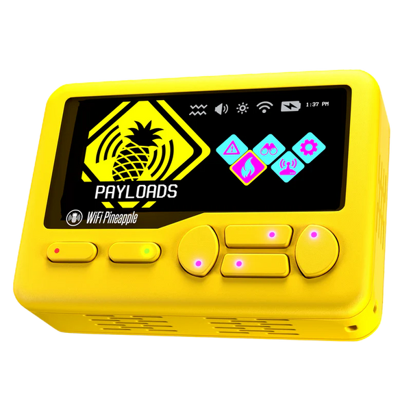 WiFi Pineapple Pager w żółtej obudowie z podświetlanymi przyciskami i menu payloads na ekranie