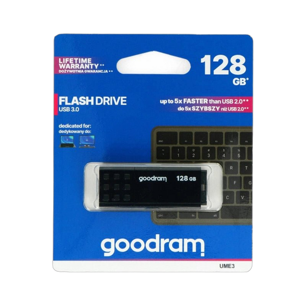 Pendrive GoodRam UME3 128 GB USB 3.0 w blistrze, czarny nośnik z nasadką i dożywotnią gwarancją