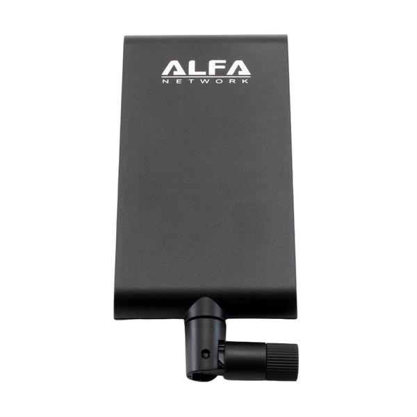 Schwarze Alfa Network APA-M25 2,4/5 GHz Dual-Band 8/10 dBi Richt-Panel-WLAN-Antenne mit ALFA NETWORK Logo, Gelenk und RP-SMA-Anschluss