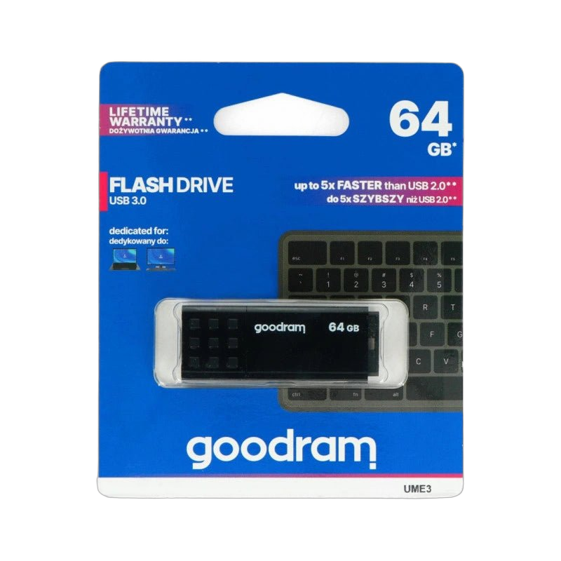 GoodRam UME3 64 GB USB 3.0 Flash-Laufwerk in einer Blisterpackung, ein schwarzes Laufwerk mit Kappe und lebenslanger Garantie