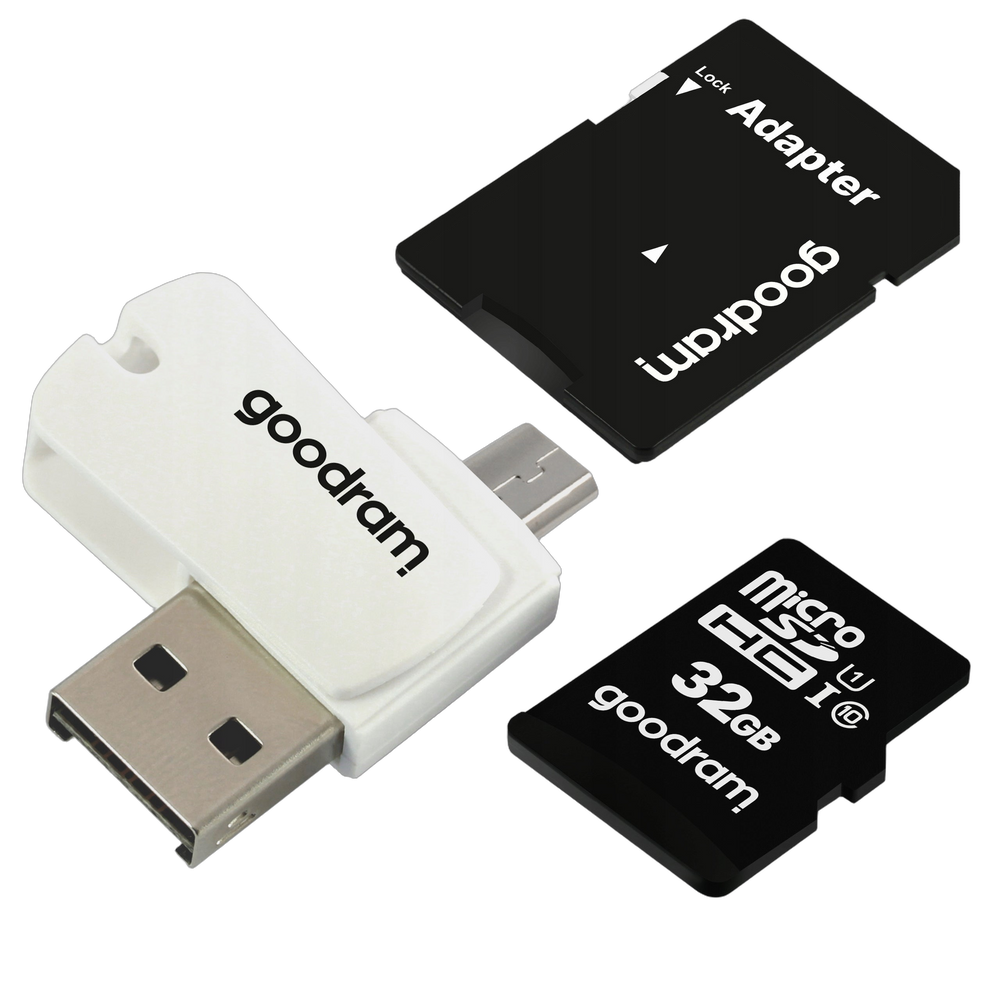 Černá karta microSD Goodram 32GB microSDHC UHS-I class 10 s adaptérem SD a bílou čtečkou USB OTG Goodram