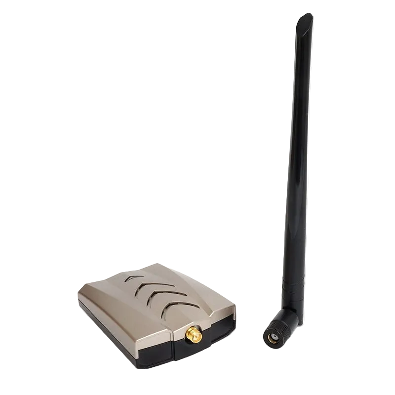 Silver and black Alfa AWUS036ACHM USB Wi-Fi adapter with a dipole antenna unscrewed beside it and a visible gold-plated RP-SMA connector