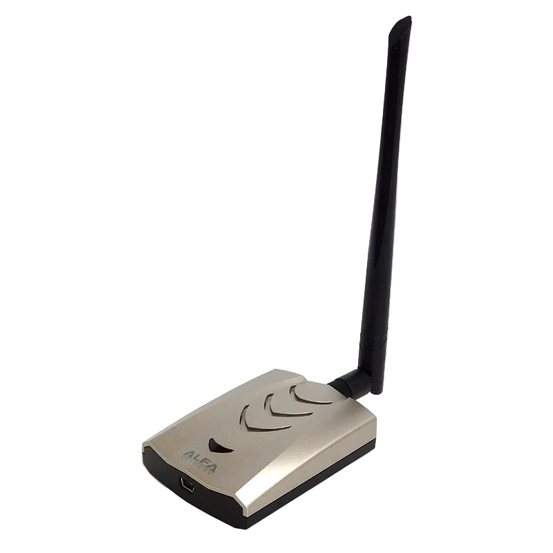 Silver and black Alfa AWUS036ACHM USB Wi-Fi adapter with an attached dipole antenna, ALFA logo and mini-USB port