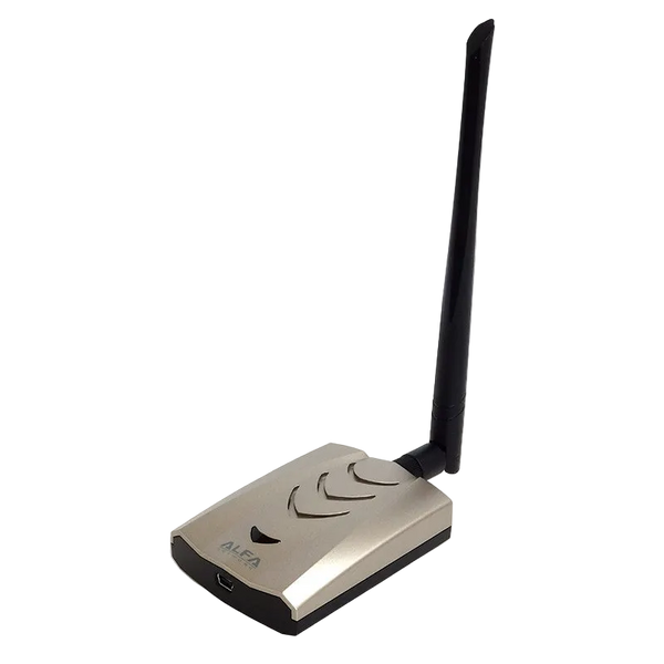 Stříbrno-černý USB Wi-Fi adaptér Alfa AWUS036ACHM s připojenou dipólovou anténou, logem ALFA a portem mini-USB
