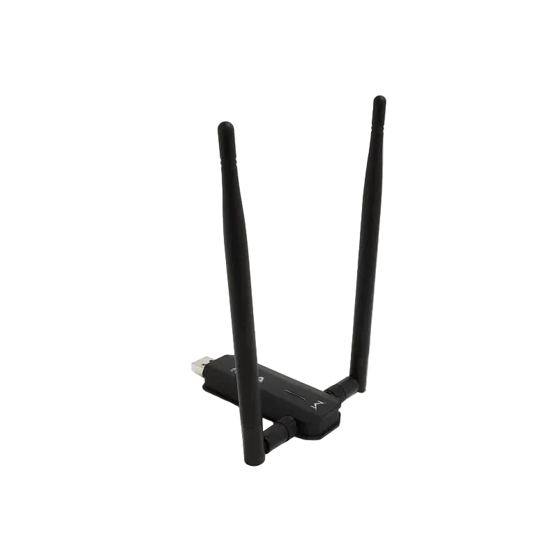Alfa AWUS036AXM adapter with two antennas and USB plug, angled rear view