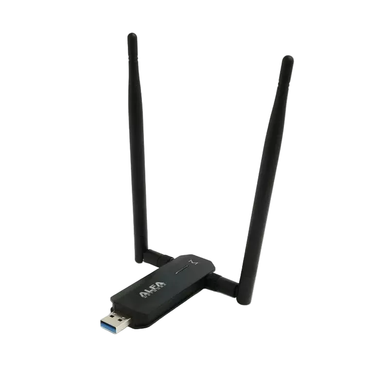 Alfa AWUS036AXM USB WiFi adapter with two antennas, angled view