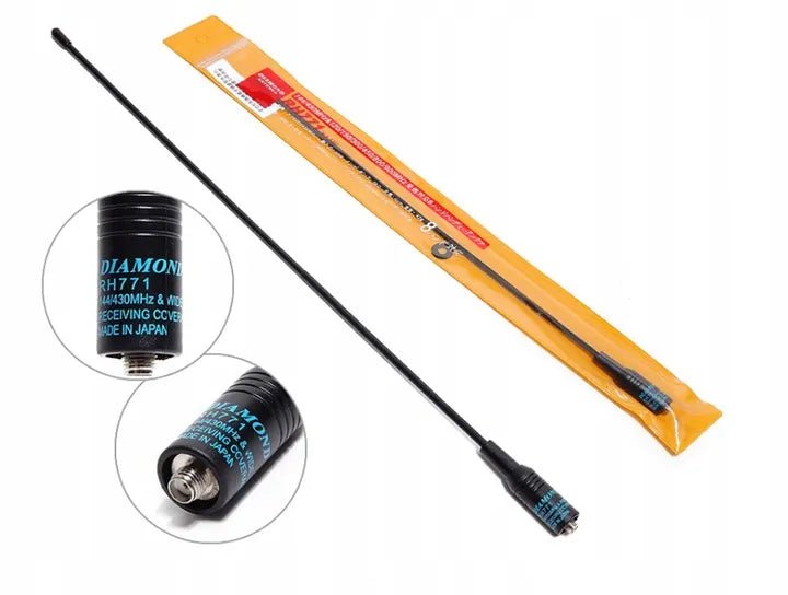 Černá prutová anténa Diamond RH-771/BF-771 144/430 MHz ve žlutém obalu, s detaily etikety Made in Japan a konektoru SMA
