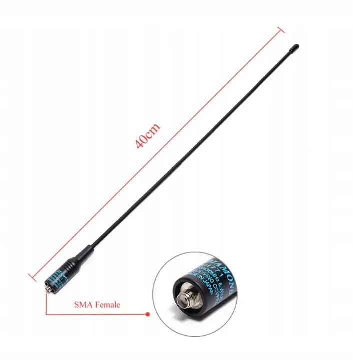 Černá prutová anténa Diamond BF-771 délky 40 cm s konektorem SMA Female, s vyznačenými rozměry a detailem konektoru