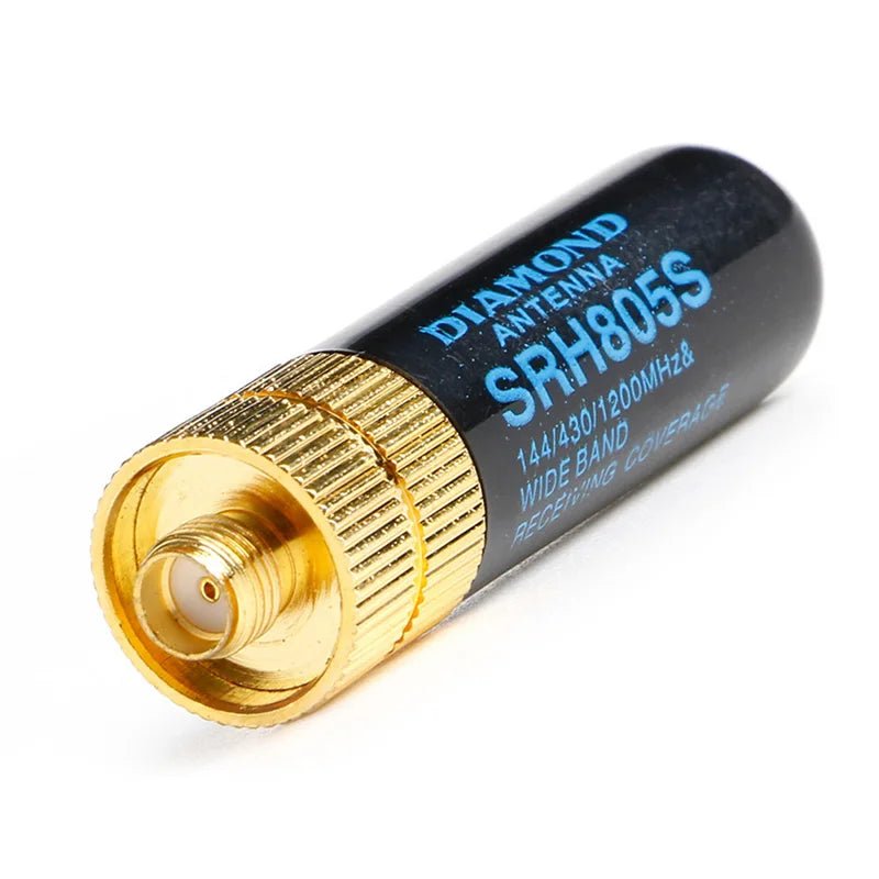Close-up of the Diamond SRH805S antenna - gold-plated SMA socket and blue 144/430/1200 MHz band markings on the body