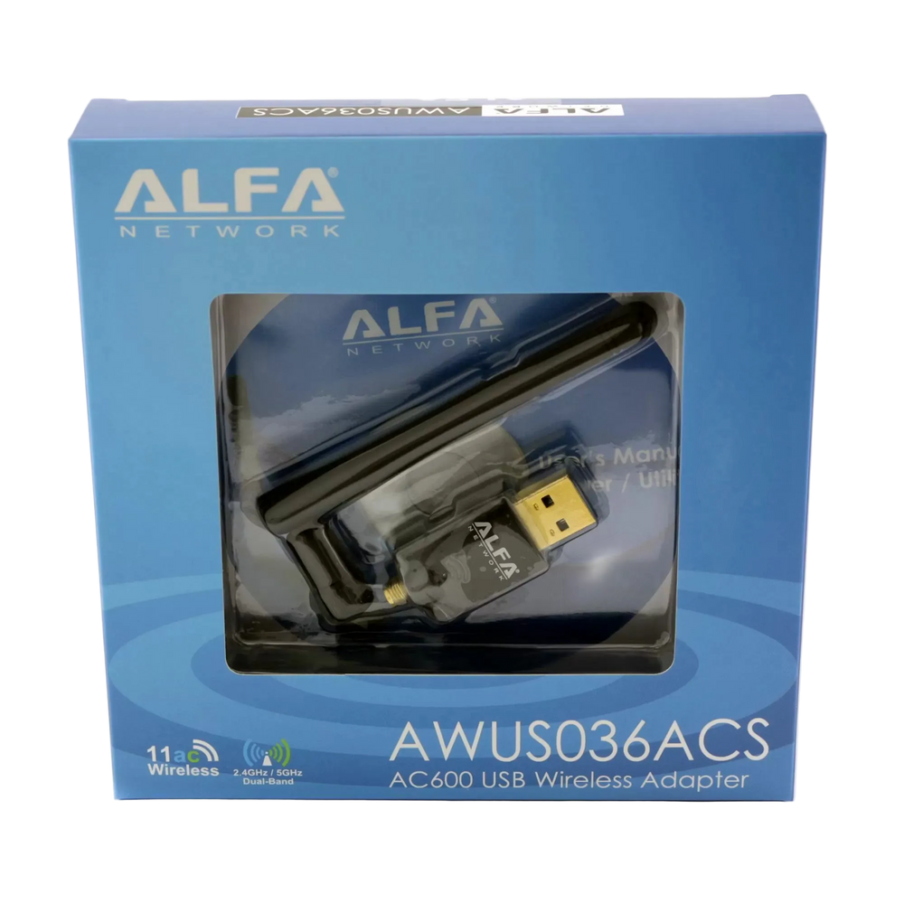 Front of the ALFA AWUS036ACS adapter box - blue retail packaging for the AC600 dual-band with the device visible in the window