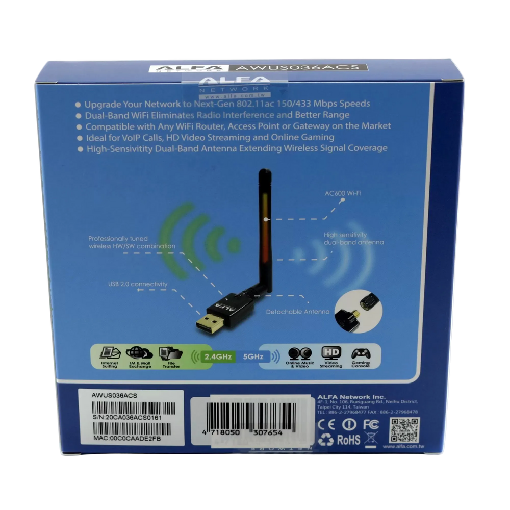 Back of the ALFA AWUS036ACS adapter box - AC600 dual-band 2.4/5 GHz 802.11ac specification, detachable antenna diagram and usage icons