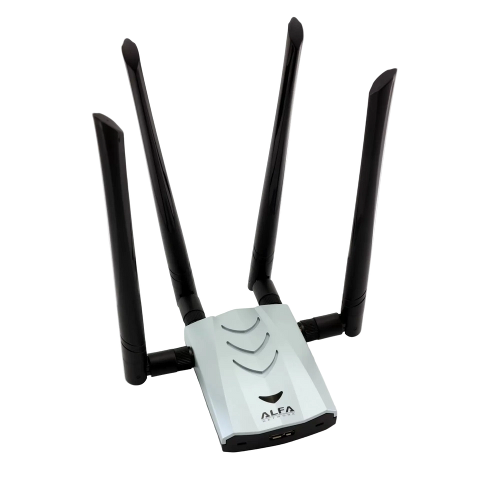 Silver and white Alfa AWUS1900 USB Wi-Fi adapter with four black antennas and the ALFA logo, on a white background
