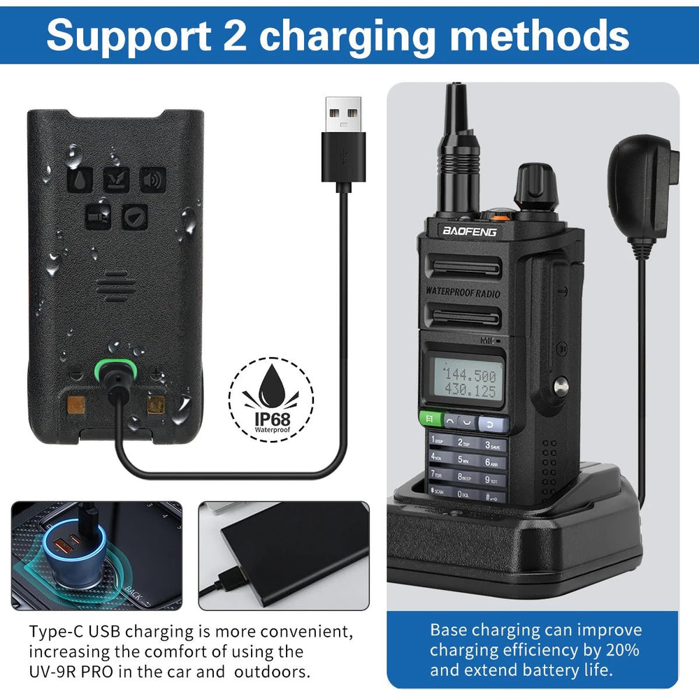 Grafika dwóch metod ładowania Baofeng UV-9R PRO - przez USB-C (akumulator IP68) i przez ładowarkę biurkową