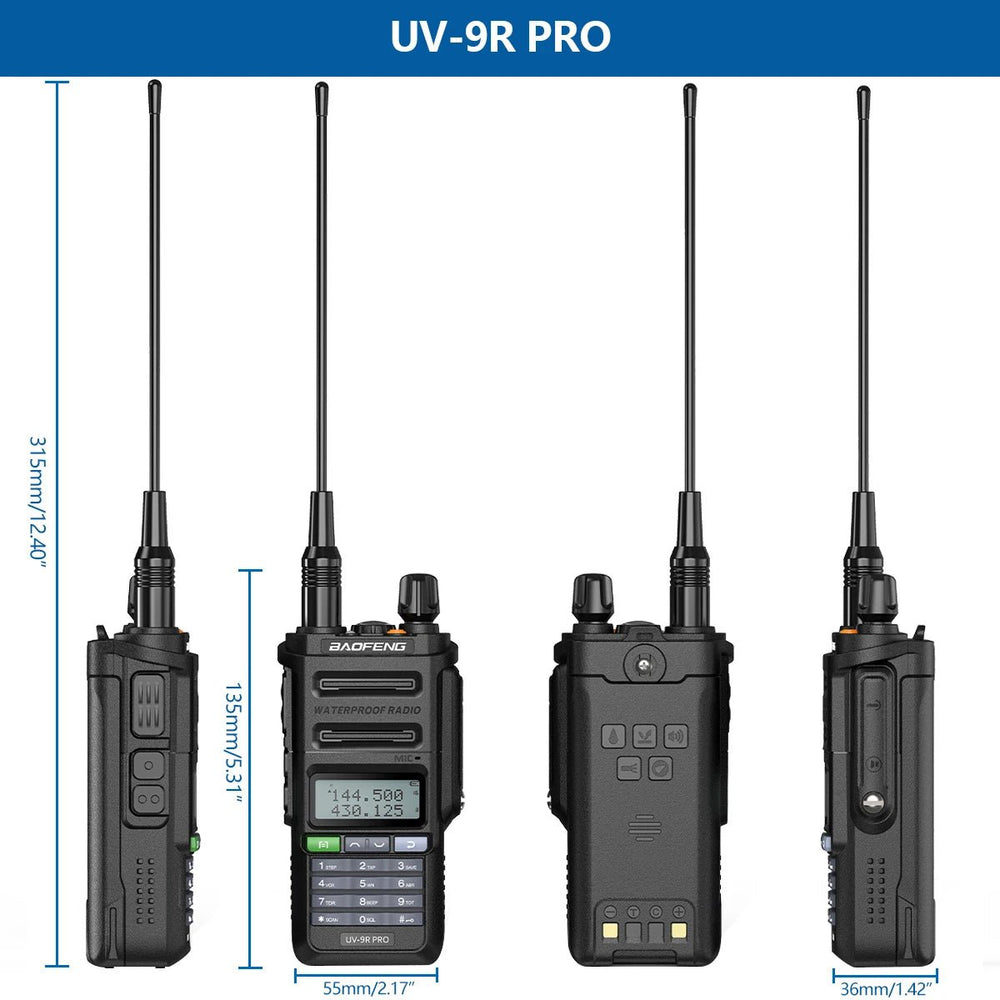 Cztery widoki Baofeng UV-9R PRO z wymiarami: 315 mm z anteną, korpus 135 mm, 55 mm szerokości, 36 mm głębokości