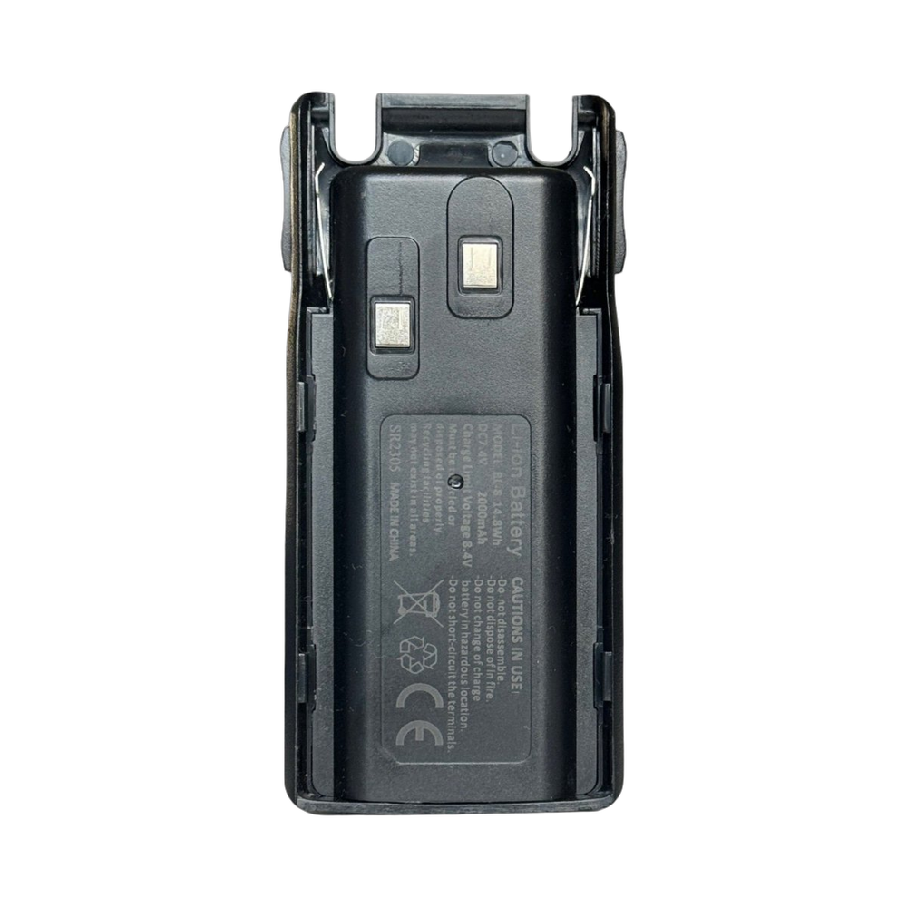 BL-8 2000 mAh battery for Baofeng UV-82 - back of the black pack with model markings, on a black background