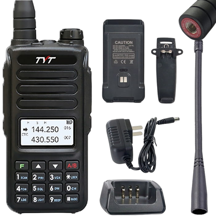 Czarny dwupasmowy radiotelefon TYT TH-UV98 z wyświetlaczem i klawiaturą oraz akcesoria - antena, klips, ładowarka biurkowa i zasilacz
