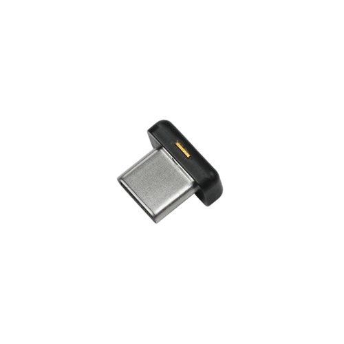 Mały czarny klucz bezpieczeństwa YubiKey 5C Nano z wtykiem USB-C, kompaktowa konstrukcja ze złotym stykiem dotykowym