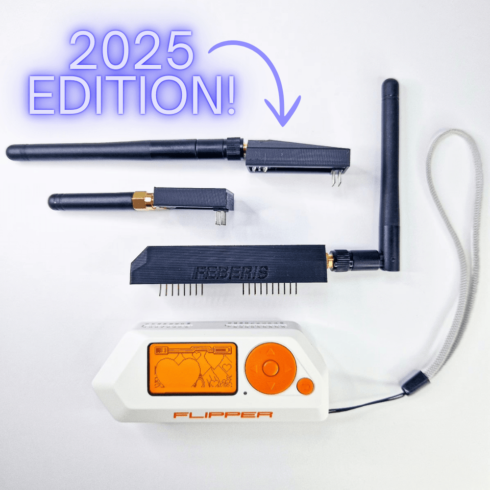 FEBERIS devboard for Flipper Zero (2025 edition) - three black 3D-printed modules with SMA antennas and pins, the largest embossed FEBERIS, below a white Flipper Zero with an orange screen (dolphin) and a wrist strap, a 2025 EDITION caption with an arrow